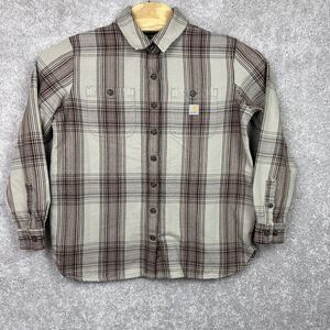 Carhartt Shirt Jacket Loose Fit Womens M‎ Brown Plaid Heavyweight Twill Cotton